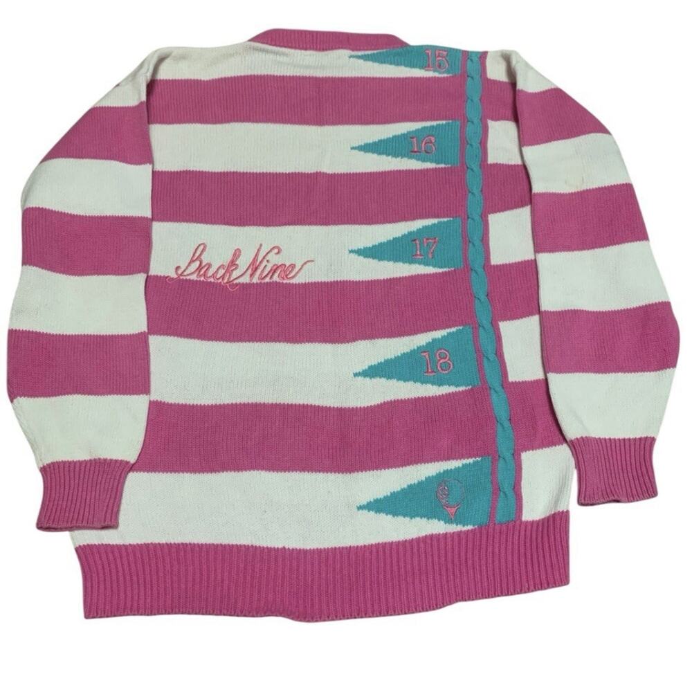Vintage IZOD Club Hand Intarsia Pink Stripe Golf Sweater Front Back Design L
